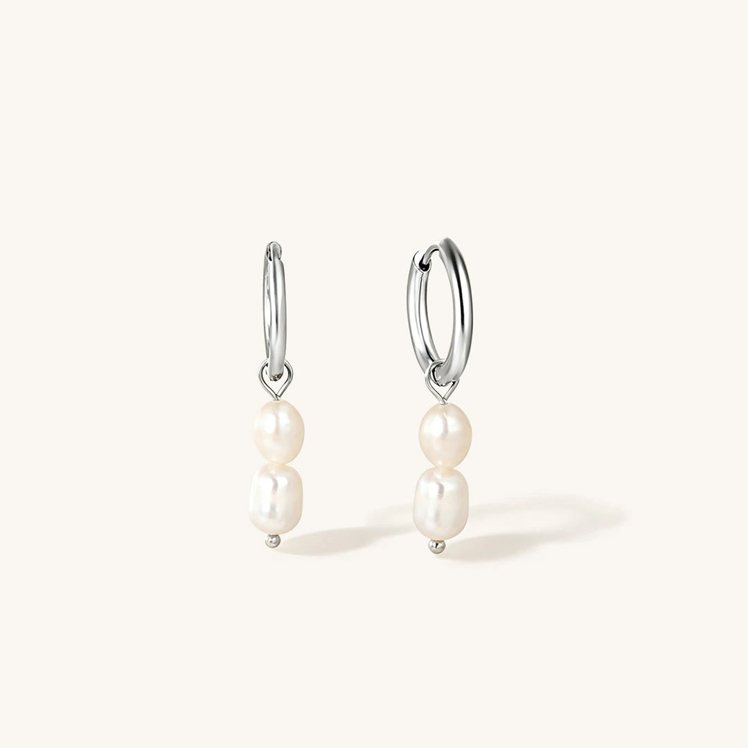 Duo Pearl Drop Hoop Earrings